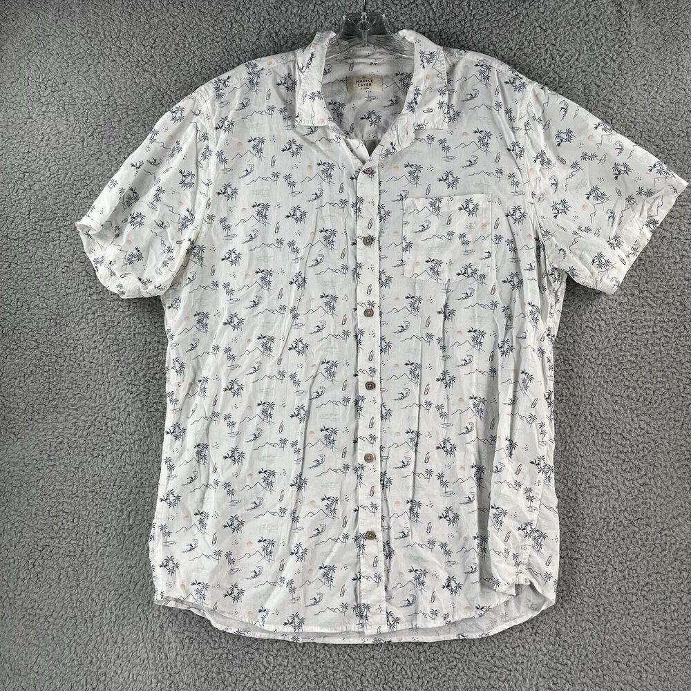 Marine Layer Men Button Up Shirt Extra Large XL White Hawaiian Short Sleeve